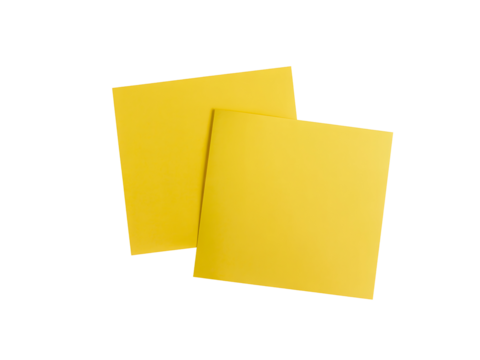 Two bright yellow square paper notes overlapping on a transparent background