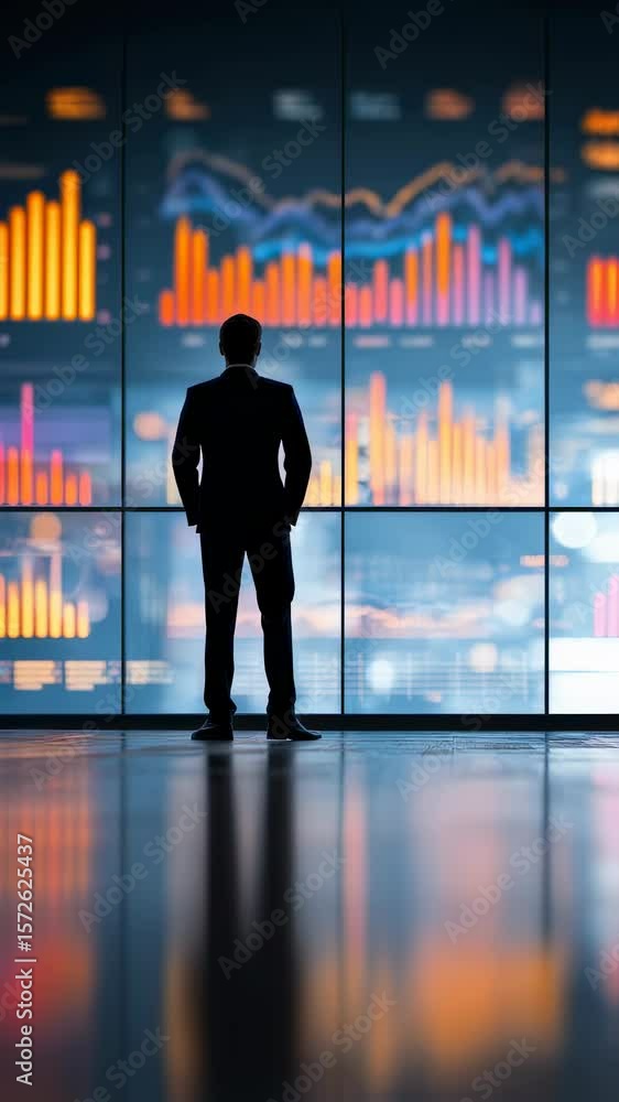 Poster focused executive presenting colorful graphs on a large screen in an openconcept office illustrating