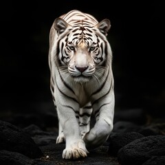 Obraz premium Majestic white tiger with striking black stripes walks forward on dark rocks