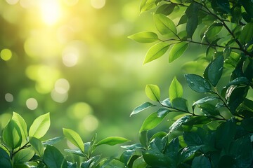 Sunlight Illuminates Lush Green Leaves with Bokeh in Natural Env