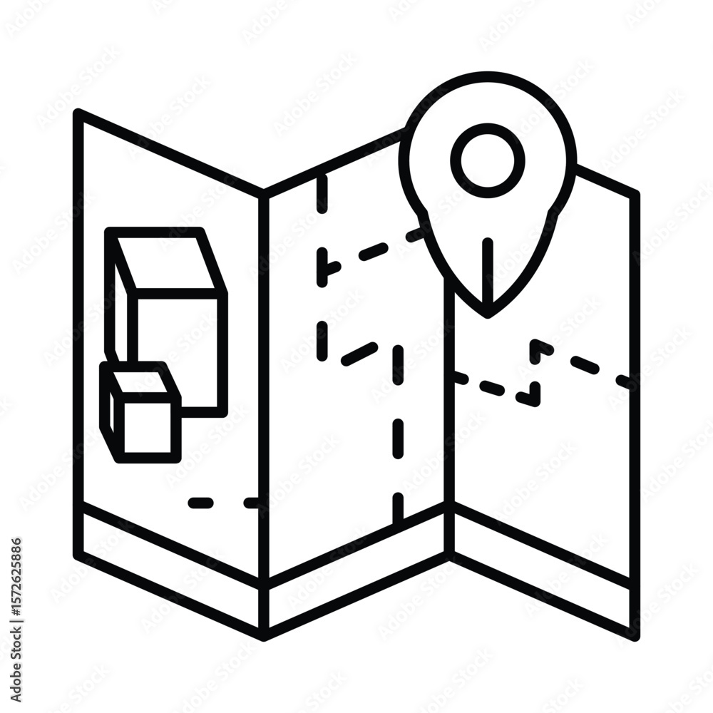 Poster a black and white line drawing of a map marked with a pin folded with building outlines and dashed l