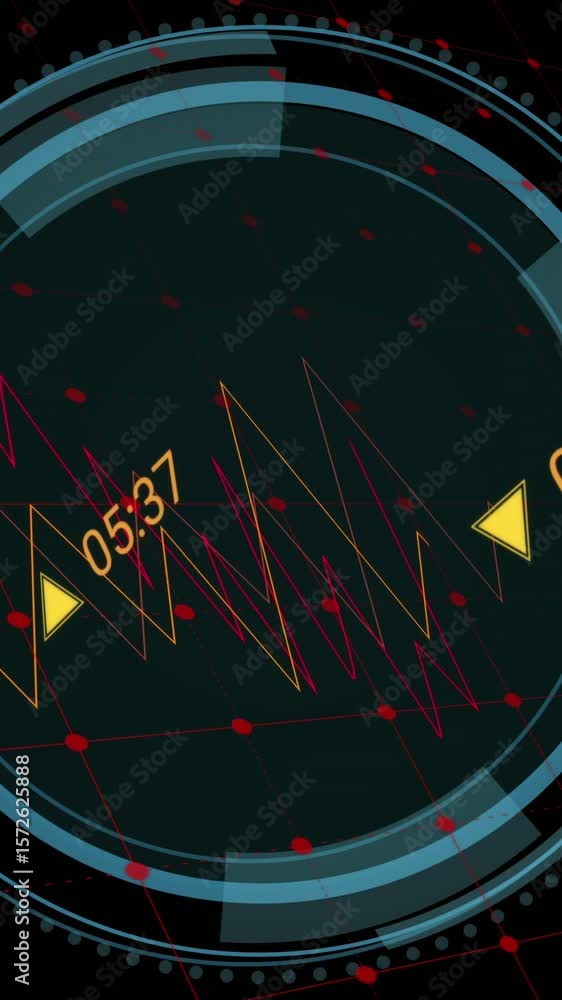 Poster animation of data processing over security shield icon on round scanner against black background