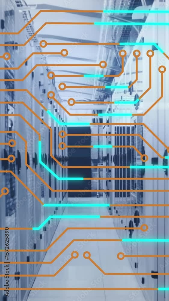 Poster animation of microprocessor connections and mosaic sqaures against computer server room