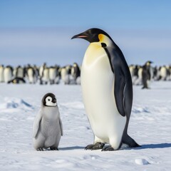Obraz premium Majestic adult emperor penguin stands beside a fluffy chick on a bright antarctic day