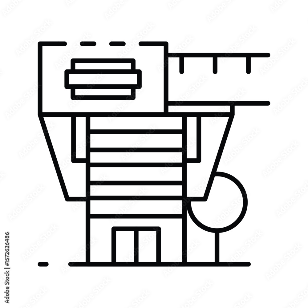 Poster a minimalist line drawing of a building with multiple floors and trees outside
