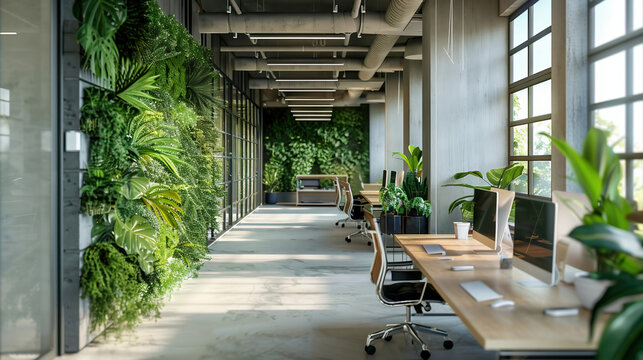Green, sustainable and environmental office space with daily employee rush. Modern and nature friendly startup business with ESG standards and care for worker wellness environment