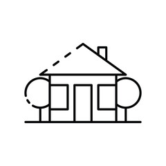 A simple linedrawing of a house with two trees on either side A chimney protrudes from the roof
