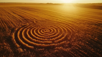 Aerial view of crop circles in golden field at sunset, abstract design with shadows, symbolic, copy space. UFO day.