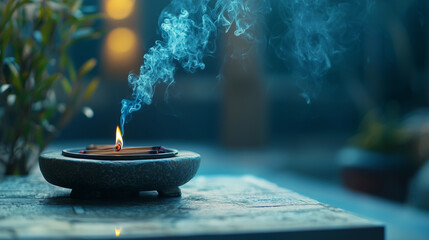 Burning incense on a stone tray with light smoke billowing in the calm air creating a melancholic and meditative atmosphere,copy space,International Yoga Day.