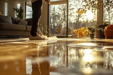 Efficient cleaning, housekeeper mopping living room floor with professional cleaning products for optimal cleanliness, Generative AI