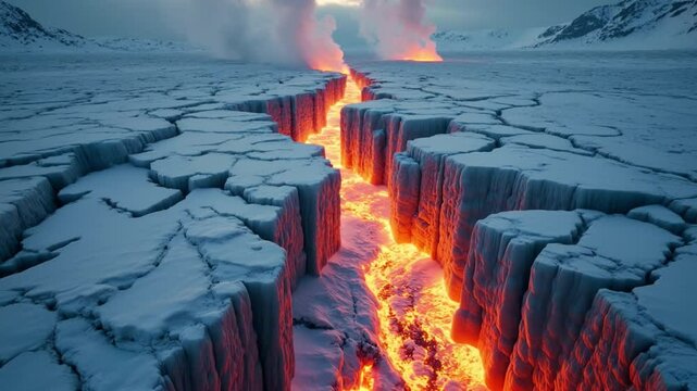 An ancient tundra landscape covered in thick snow and jagged ice sheets, violently split by a glowing magma rift