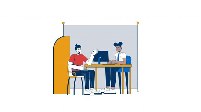 Customer service interaction at bank desk 2D characters animation. Caucasian male client in professional conversation with civil servant animated people cartoon 4K video isolated on white transparent
