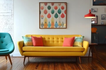 Vibrant yellow sofa with cushions, paired with a teal lounge chair against a white wall, adorned with an art canvas poster. Mid-century interior design for a modern living room, Generative AI