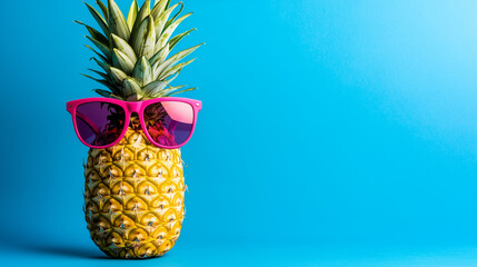 Creative pineapple with sunglasses on blue background, summer beach design template, place for text, close-up, empty space for text.