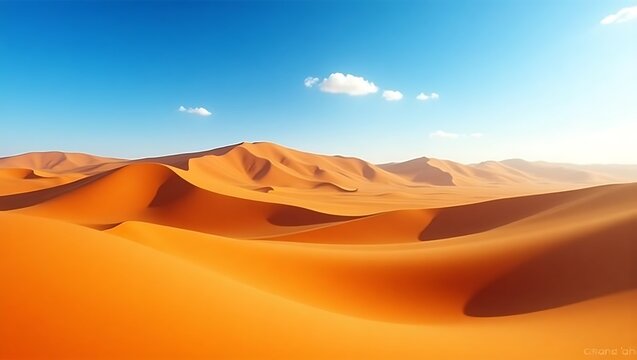 Expansive desert landscape with rolling sand dunes under a clear blue sky