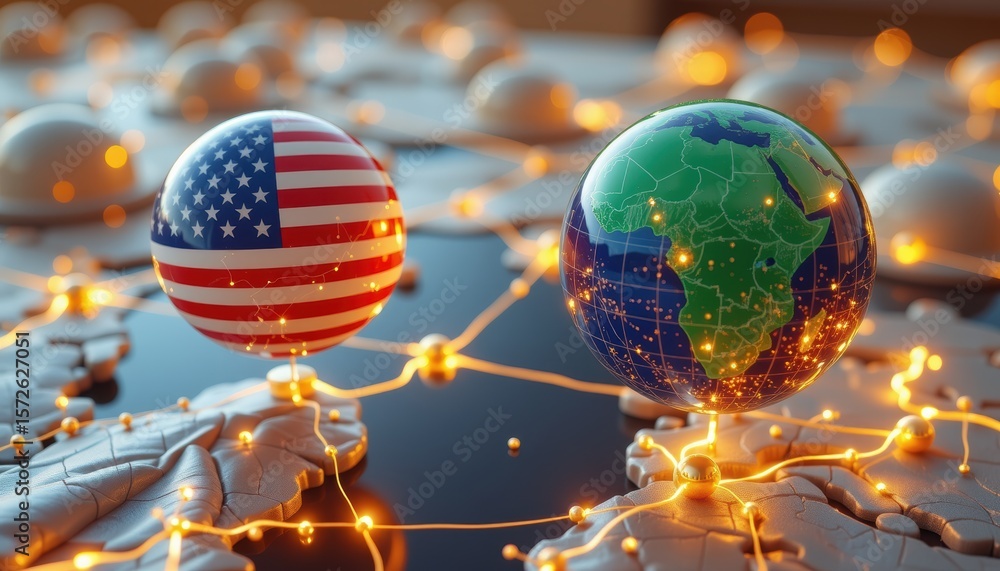 Poster globe with us and africa maps connected by glowing lights.