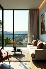 Modern minimalist living room with large window, stylish sofa , view, sofa
