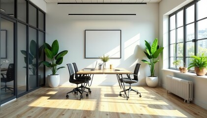 Modern office, natural light, plants, minimalist decor, remote meeting, virtual meeting