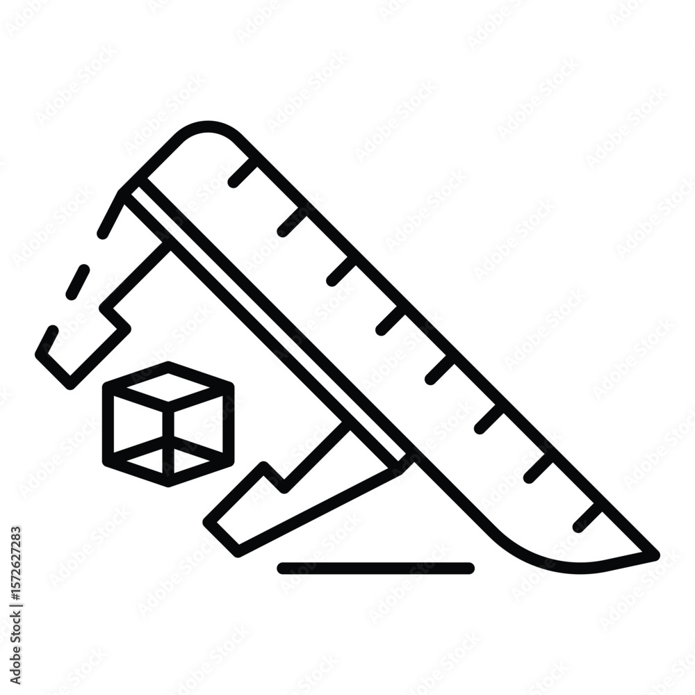 Poster line art shows calipers measuring a cube depicted in a simple technical style