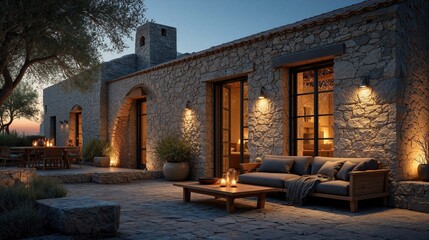 Elegant Rustic Stone Villa with Illuminated Pool and Cozy Patio Furniture in a Tranquil Garden Setting at Dusk &ndash; Luxury Countryside Home Exterior Design Inspiration