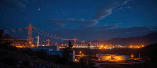 Fototapeta premium Night view of an industrial landscape with illuminated power lines.