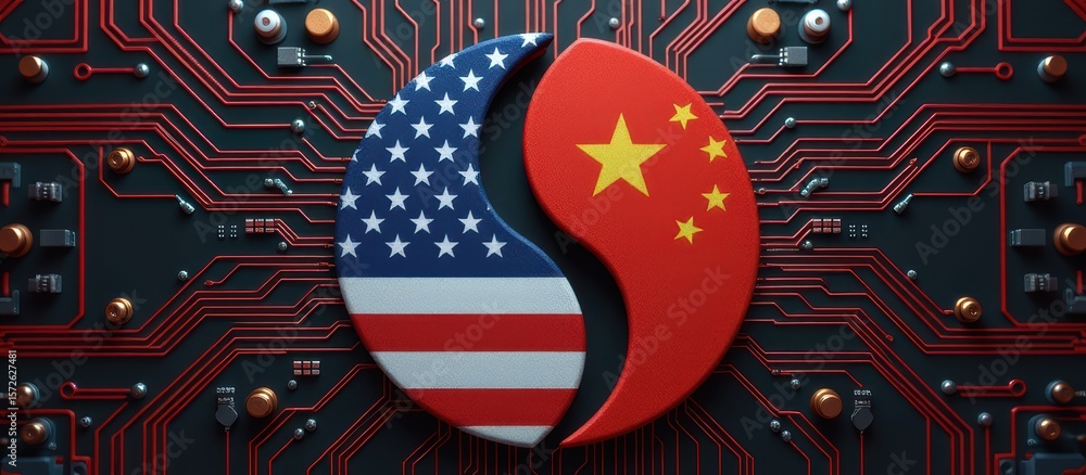 Poster yin-yang symbol featuring us and china flags on a circuit board background.