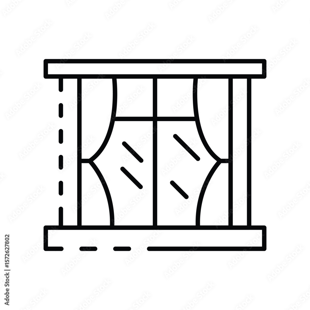 Poster window with curtains two panes and a frame rendered in a simple outlined style
