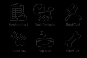 Pet care icons: feeding chart, walk reminder, brush tool, clean paw, nap zone, chew toy