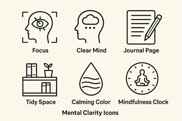 Mental clarity icons featuring focus, clear mind, journal, tidy space, calming color, and mindfulness clock