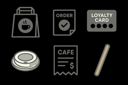 Cafe icons set: loyalty card, order sheet, coffee bag, plates, receipt, stirrer