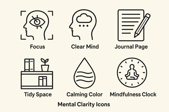Mental clarity icons featuring focus, clear mind, journal, tidy space, calming color, and mindfulness clock