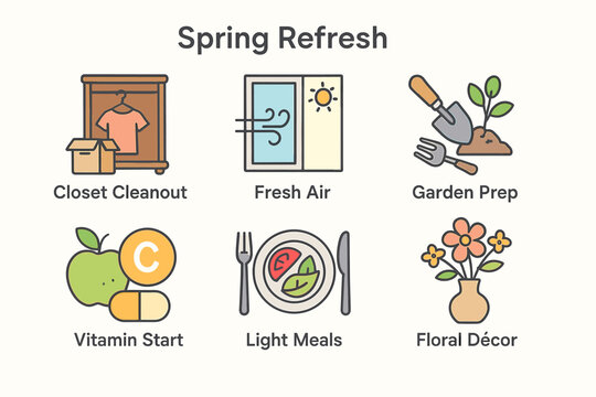 Spring refresh tips: closet cleanout, fresh air, garden prep, vitamin start, light meals, floral décor