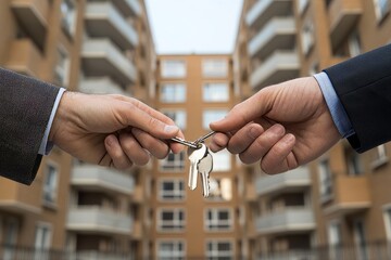 Real estate transaction, realtor handing over apartment keys to new tenant after finalizing lease agreement, Generative AI