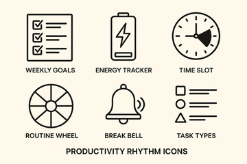 Productivity rhythm icons: weekly goals, energy tracker, time slot, routine wheel