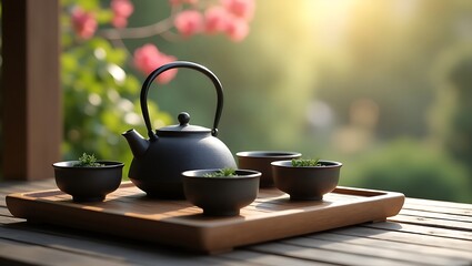 Zen tea ceremony set with teapot and cups on a wooden tray outdoors