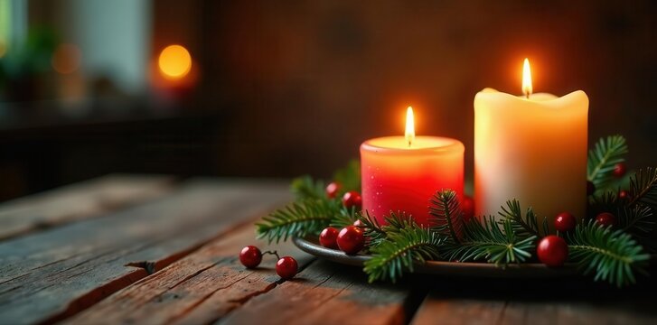 Two burning candles, Christmas decor on wood Second Advent theme , burning, rustic wood, branches - Powered by Adobe