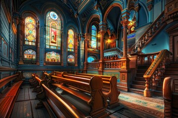 Spectacular interior of a historic church featuring wooden pews and stained glass