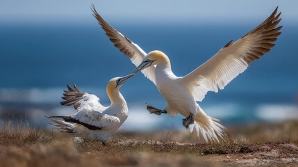 Agression in Nature: Adult Cape Gannet Attacking Fledged Juvenile on Island Coastline