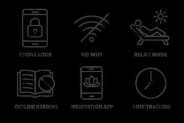 Minimalist icons: phone lock, no wifi, relax, offline reading, meditation, time tracking