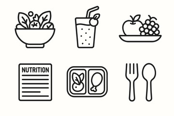 Fototapeta premium Line icons of healthy food, juice, nutrition guide, meal tray, cutlery, fruit