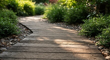 Obraz premium Wooden path through a lush garden with stones and greenery creates a tranquil scene