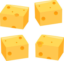 Set of dairy products, cheese sliced in cube pieces. Yellow cheese, emmental, gouda, cheddar, parmesan or Swiss cheese. Vector illustration set