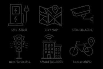 Black line icons: ev station, city map, surveillance, traffic signal, smart building, bike sharing