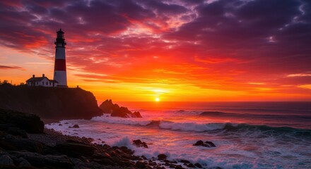 Dramatic sunset paints the sky with vibrant colors over a rocky coastline and lighthouse