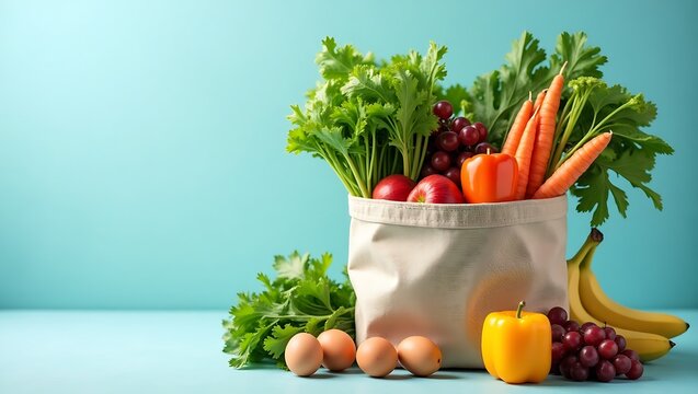Fresh groceries including fruits vegetables and eggs in a reusable bag on a blue background