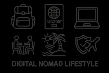 Digital nomad icons: travel, remote work, and lifestyle elements