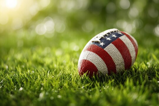 American Football Red White. Rugby Ball with Stars and Stripes on Green Grass Field