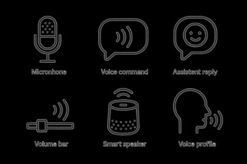 Collection of voice technology icons on black background