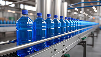 Bottled Water Production Line with Rows of Blue Plastic Bottles in Modern Factory.