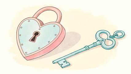 Cute Heart-Shaped Padlock and Vintage Key Illustration with Soft Pastel Colors.